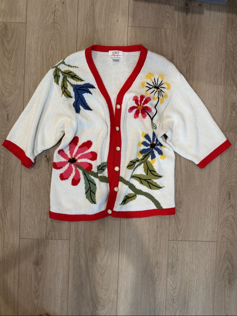 White Vintage Floral Embroidered Cardigan with Red Trim